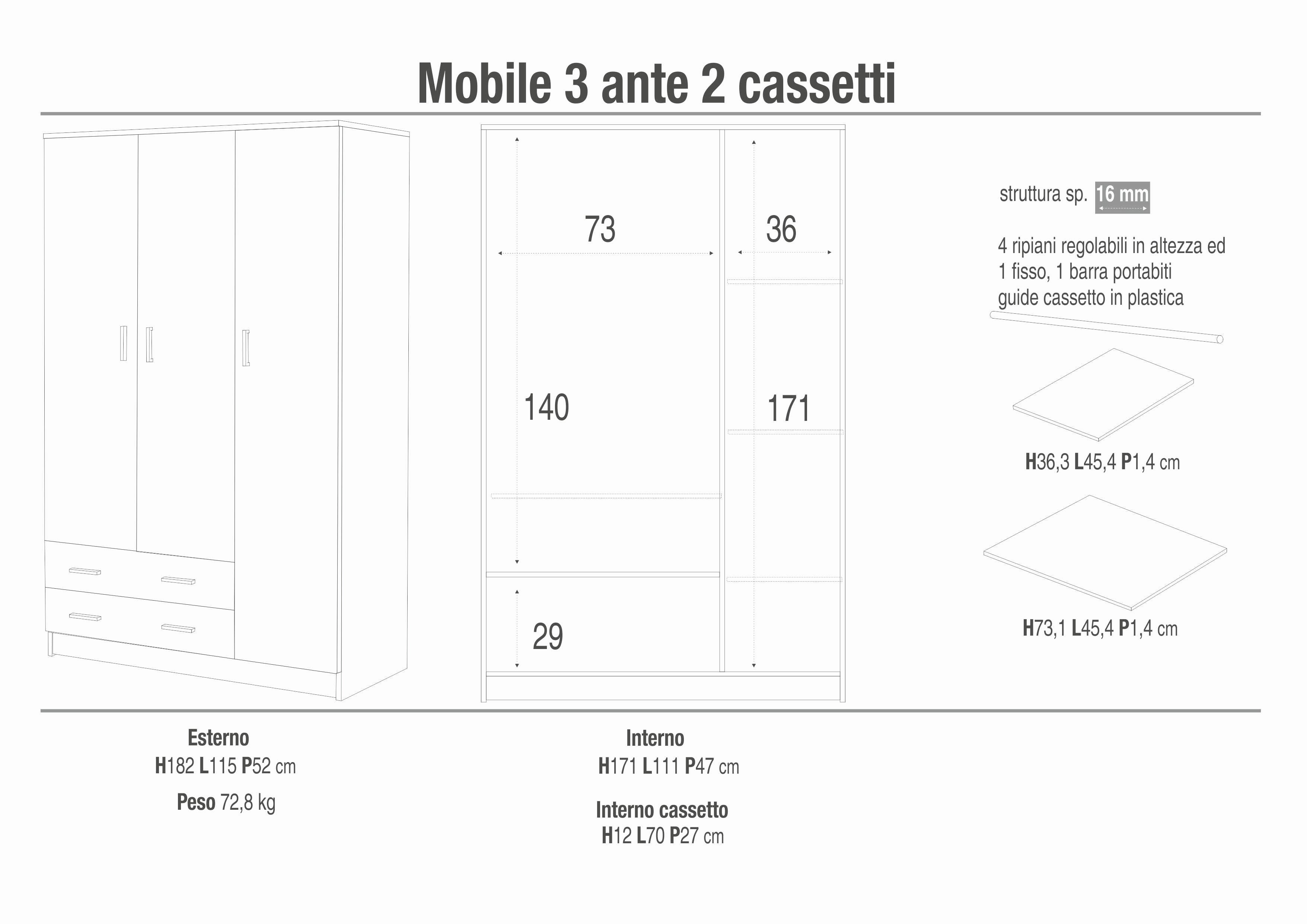 ARMADIO 3 ANTE 2 CASSETTI DX 457K