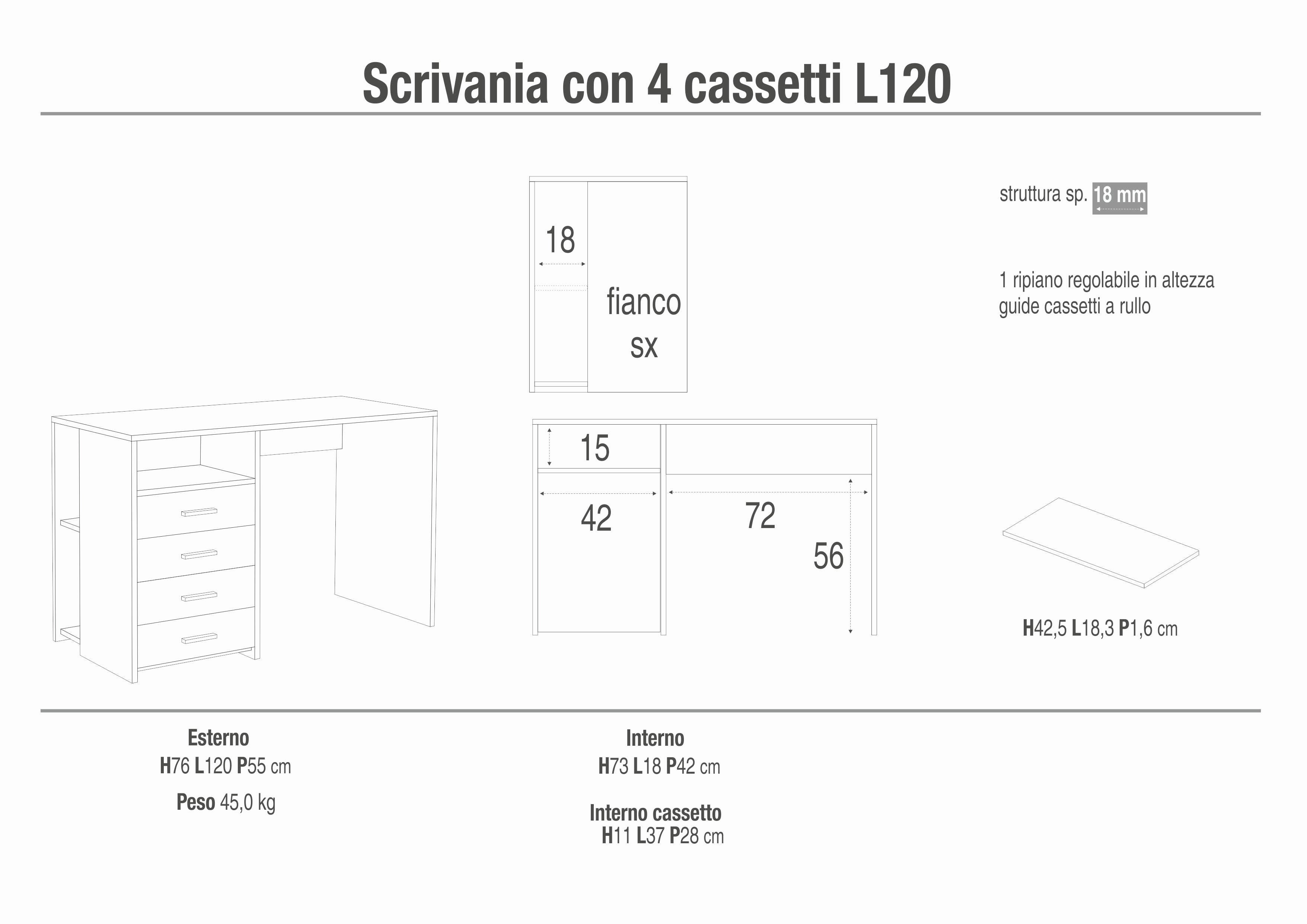 DESK 4 DRAWERS L120 SX KIT 719K-C