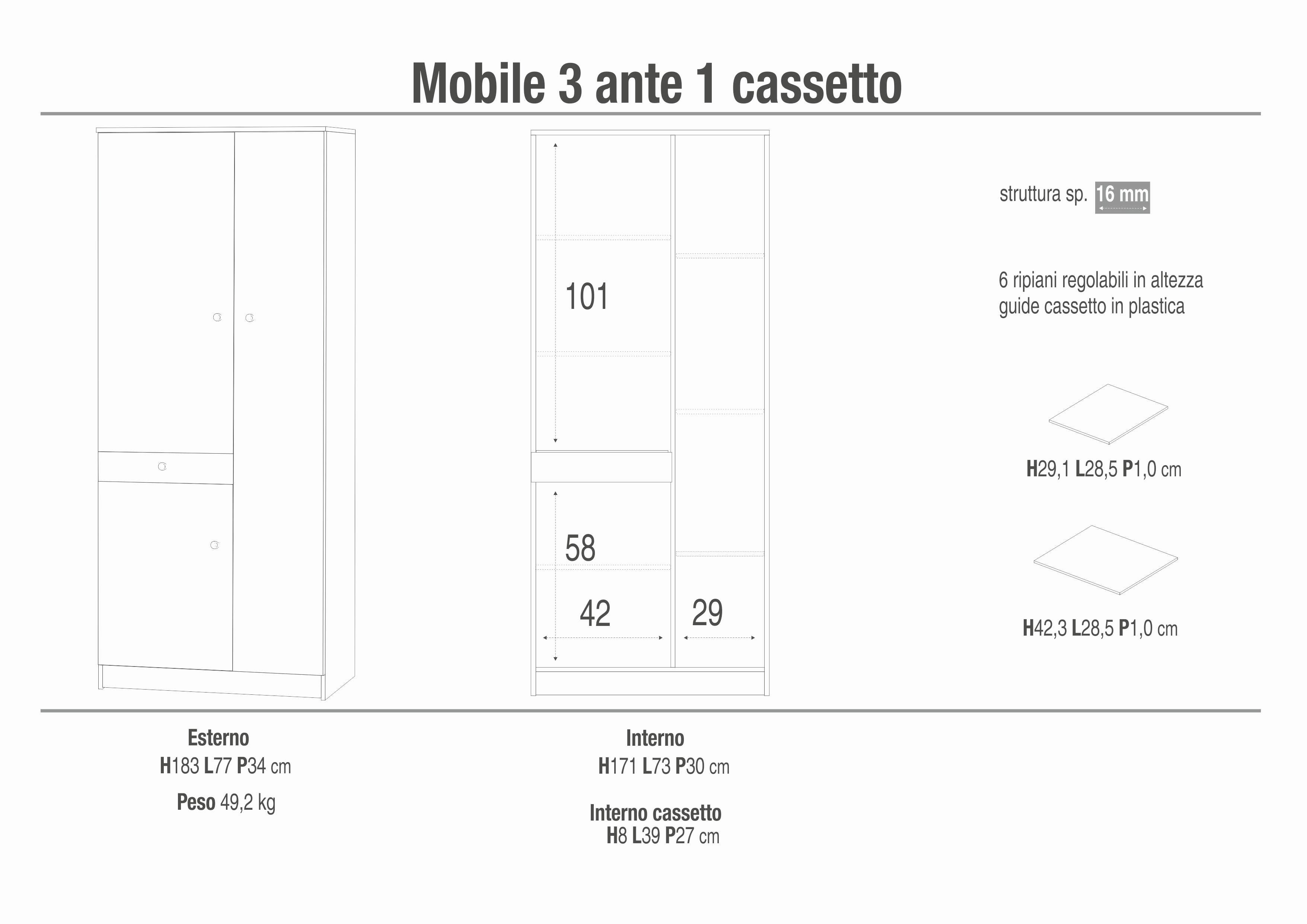 MOBILE 3 ANTE 1 CASSETTO - KIT 323K