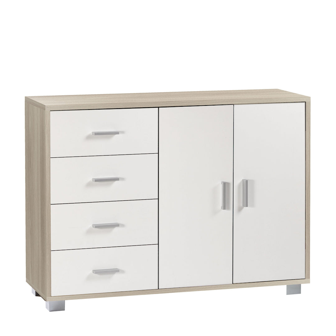 Credenza madia mobile 2 ante e 4 cassetti 116x41x86H cm in kit di montaggio colore Olmo chiaro e Bianco fiammato