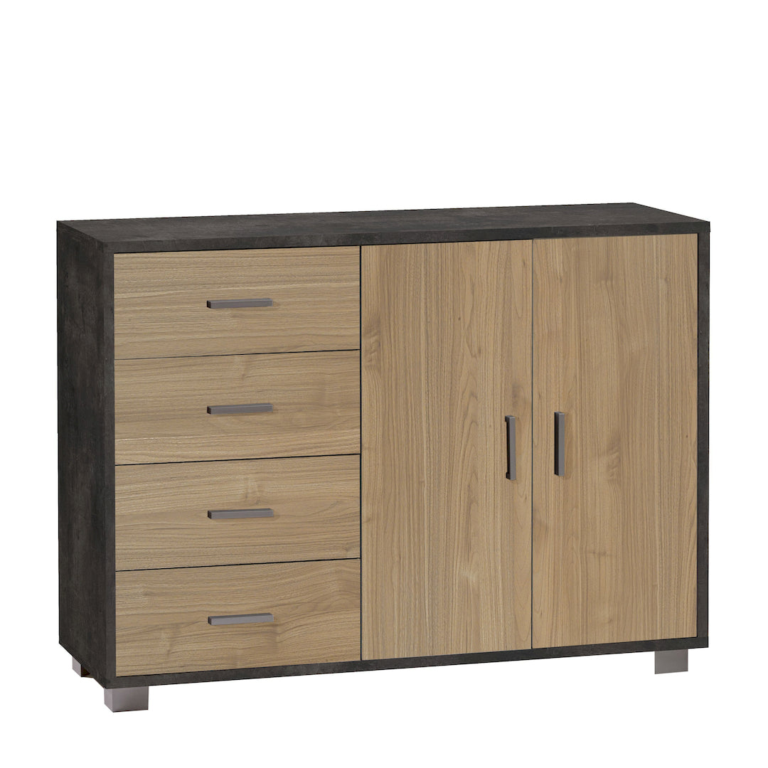 Credenza madia mobile 2 ante e 4 cassetti 116x41x86H cm in kit di montaggio colore Ossido nero e Noce Stelvio