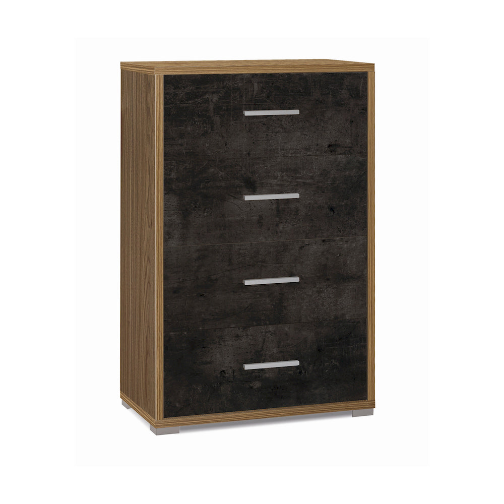 Image of Cassettiera mobile 4 cassetti 71x41x110H cm in kit di montaggio colore Noce Stelvio e Ossido ner